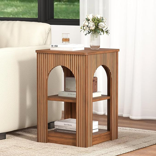 End Table with 3-Tier Storage, Mid-Century Modern Side Table with Arched Carving Lines, Square Fluted Nightstand Accent Table for Living Room, Bedroom, or Office (1, Walnut)
