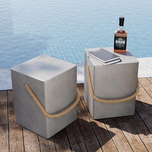 SUNBURY Concrete Side Table Set of 2, Outdoor Side Table for Patio, 18" H Outdoor Accent Table w Hemp Rope, Patio Side Table End Table in Medium Gray, Ceramic Side Table Garden Stool Log Table