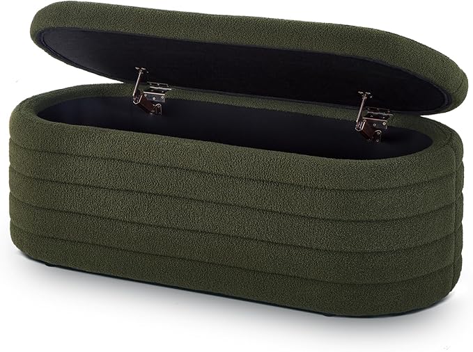 Storage Ottoman Bench End of Bed for Bedroom,43 inch Teddy Boucle Upholstered Entryway Shoe Seat Bench w/Storage,Sherpa Modern Cute Stool Foot Rest for Living Room,Window Seating,Dark Green