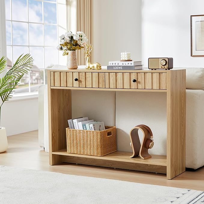 AVZEAR Entryway Console Table with Fluted Drawers, Mid Century Entryway Table with Storage, 43" Long Couch Behind Sofa Narrow Tables for Living Room Hallway Entrance, Natural