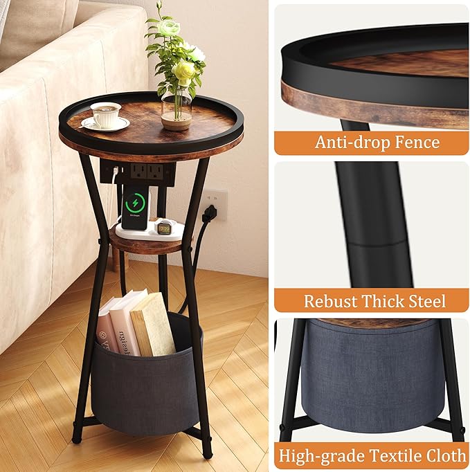 Yusong Round Side Table with Charging Station, Small Drink Table for Small Spaces, 3-Tier Industrial End Table, Accent Nightstand Bedside Table for Living Room, Bedroom, Sofa Couch, Rustic Brown