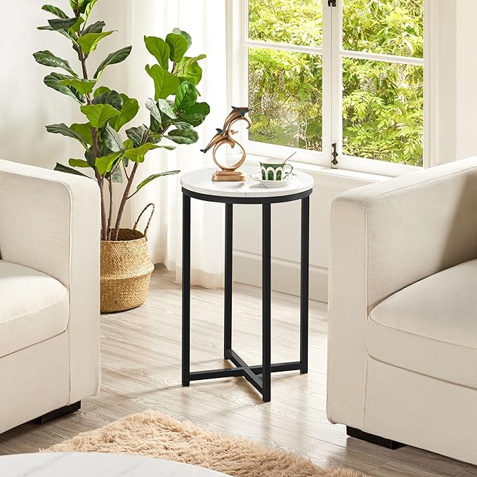 Yaheetech Round End Table Set of 2,16in Faux Marble Accent Table,Modern Side Table with Marble Top and Metal Frame,Small Coffee Table Telephone Table for Living Room/Small Space,Black