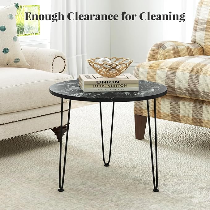 Giantex Round Coffee Table, Faux Marble Center Table with Metal Legs, Sofa Accent Side Table, Modren Coffee Tables for Living Room, Bedroom, Balcony, Small Space (Black)