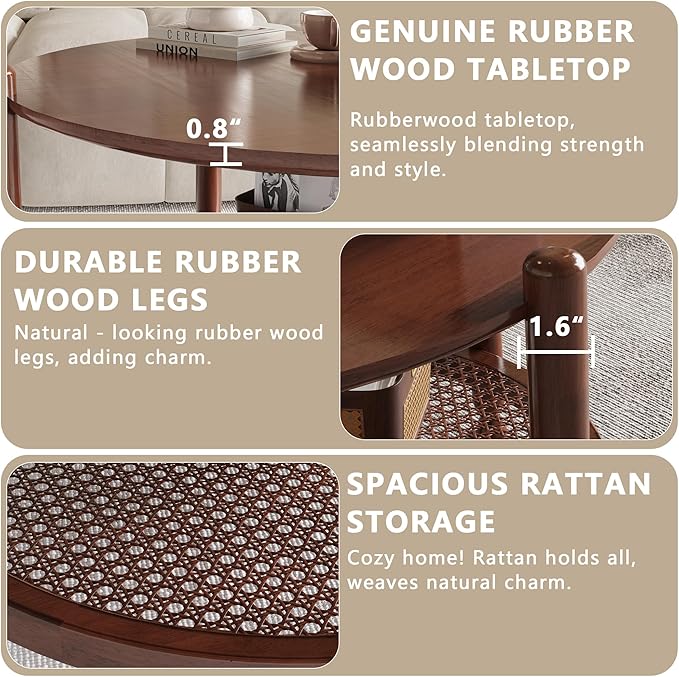 NSdirect Round End Table for Living Room, 2-Tier Rustic Wood Center Table for Home Decor with Boho Woven Rattan Storage Shelf | Modern Farmhouse Design, Easy Assembly, Red Brown