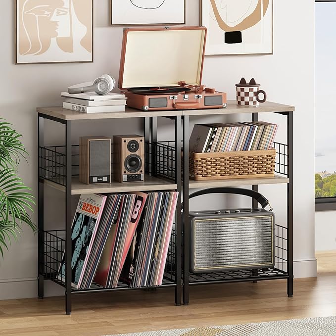 X-cosrack Side Table, Small End Table Record Player Stand with Storage, Vinyl Record Storage Night Stand for Living Room, Bedroom,Office(Patent Pending)(Greige & Black)