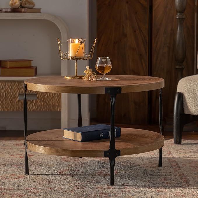 Round Two-Tier Coffee Table with Storage, 30.71" Circle Accent End Table with Metal Legs, Wooden Center Table for Living Room, Side Table Home Furniture - Walnut