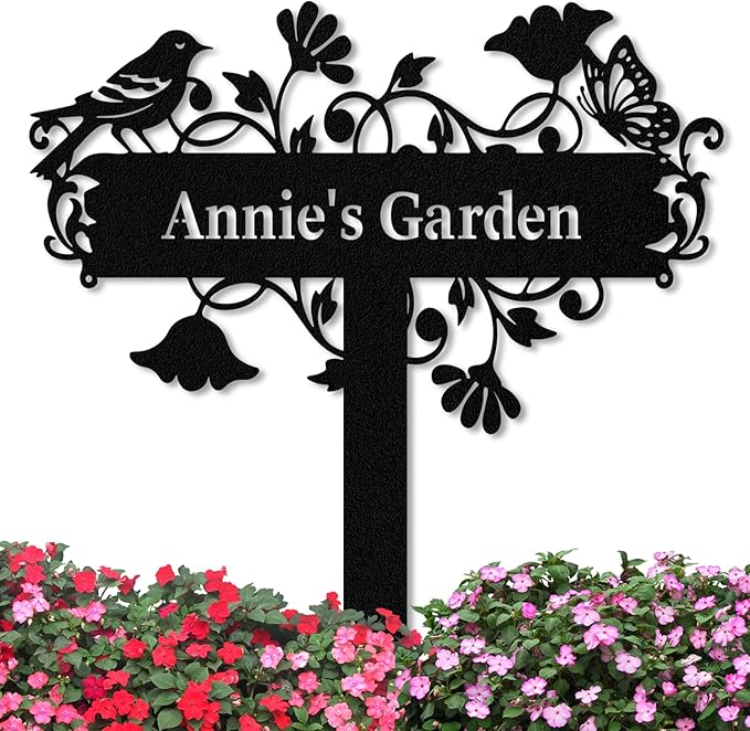 Personalized Garden Signs with Stake, Custom Garden Signs Metal for Outdoor Waterproof, Customized Metal Name Sign, Birds Flowers Design Home Patio Yard Decor Gardening Gift