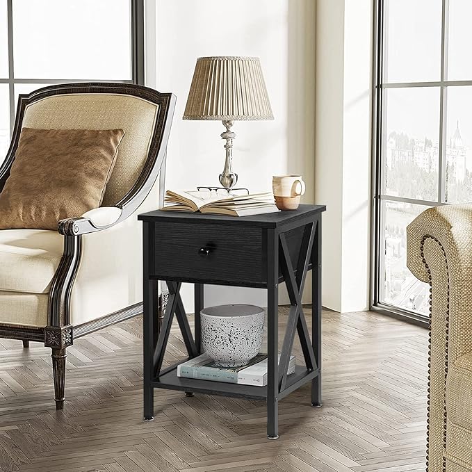 VECELO Nightstands, Modern End Side Tables,Night Stand with Drawer &Storage Shelf for Bedroom Living Room Office Lounge, 2, Black