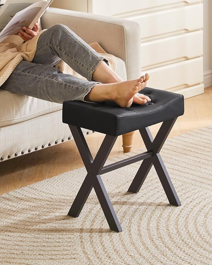 IBUYKE U-Shaped PU Vanity Stool, Square Makeup Chair with X-Leg, Ottoman Seat Footrest Stool, Multi-Use as Small Side Table, for Bedroom, Living Room, Black WBD019B