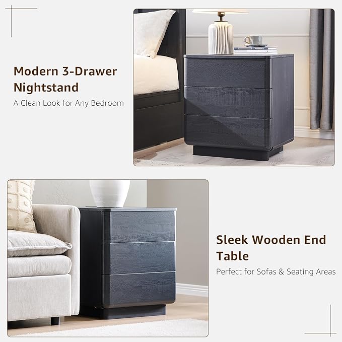 JXQTLINGMU 22" Modern Nightstand Set of 2 with Charging Station, Large Push-to-Open End Table, Wood Bedside Table, Curved Profile, Handleless 3 Drawer Night Stand for Bedroom, Living Room, Black
