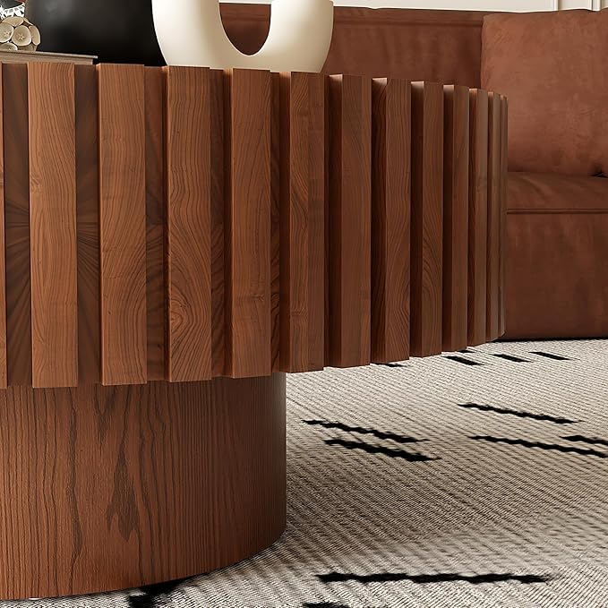 31.5" Round Drum Coffee Table, Modern Handcraft Fluted Drum Center Table, Wooden Round Coffee Table Center Table with Sturdy Pedestal for Living Room Apartment (Natural Wood)