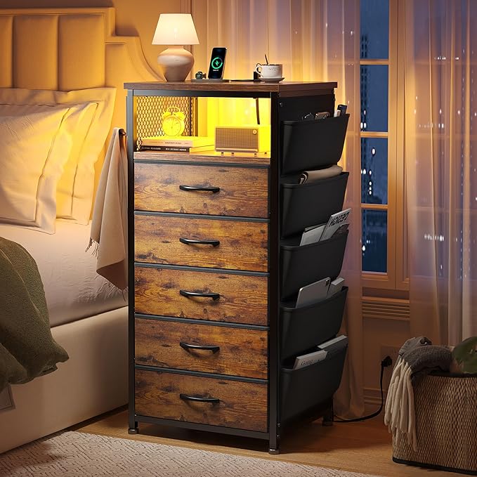 EnHomee Tall Night Stand with 5 Drawers, LED Nightstand with Ports & Outlets, Bedside Table with Extra Side Bag & Storage Shelf & Hooks, Bedroom, Dorm, Closet