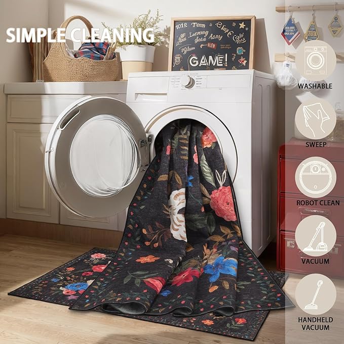 Black Area Rugs 9x12 Living Room Washable Rug Non Slip Floral Low Pile Large Rug for Living Room, Bedroom, Farmhouse, Dining Room, Kids Playroom(9 x 12, Black Lawn)