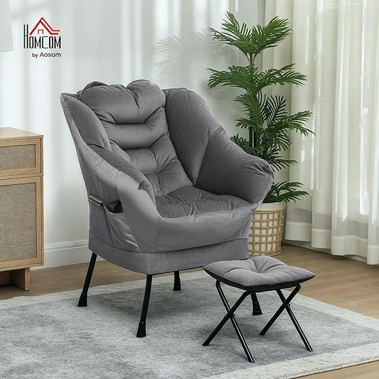 HOMCOM Modern Lazy Chair with Ottoman, Fabric Lounge Accent Chair, Leisure Sofa Armchair with Armrests, Side Pockets, Upholstered Reading Chair and Footstool Set for Living Room, Bedroom, Gray