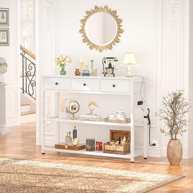 Ecoprsio 47'' Entryway Table with Outlets and USB Ports, Console Table with 3 Drawers, Sofa Table Narrow Long with Storage Shelves for Living Room, Couch, Hallway, Foyer, Kitchen Counter, White