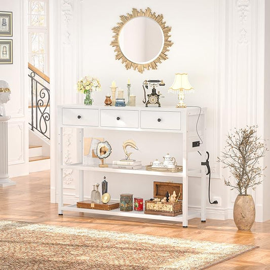 Ecoprsio 47'' Entryway Table with Outlets and USB Ports, Console Table with 3 Drawers, Sofa Table Narrow Long with Storage Shelves for Living Room, Couch, Hallway, Foyer, Kitchen Counter, White
