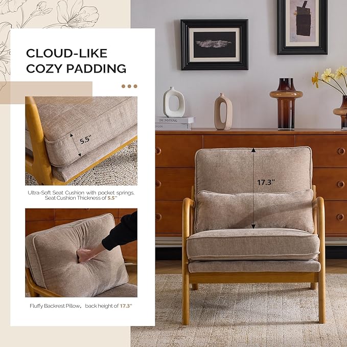 VINGLI Chenille Mid-Century Modern Accent Chair, Cute Reading Arm Chair with Cushion & Lumbar Pillow & Solid Wood Frame for Lounge, Living Room, Reading Room, Bedroom, Light Khaki