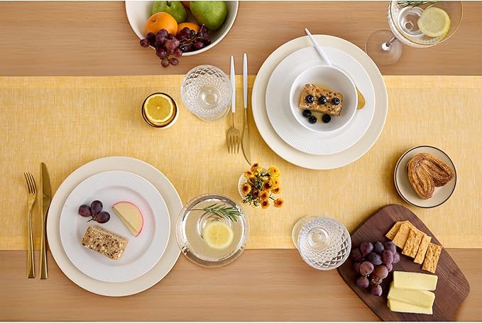 Solino Home Linen Small Table Runner 48 Inches - Athena, 100% Pure Linen Chambray Mustard Yellow Table Runner 14 x 48 Inch Ideal for Dresser and Coffee Tables