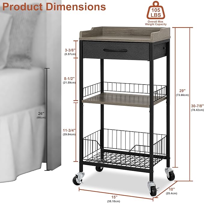 4-Tier Small Side Table with Optional Casters, Narrow End Table with Drawer and Shelves, Tall Nightstand for Dorm, Small Accent Table Stand for Living Room, Bedroom, Bathroom, Black& Grey