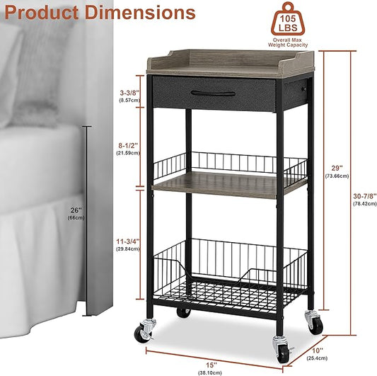 4-Tier Small Side Table with Optional Casters, Narrow End Table with Drawer and Shelves, Tall Nightstand for Dorm, Small Accent Table Stand for Living Room, Bedroom, Bathroom, Black& Grey