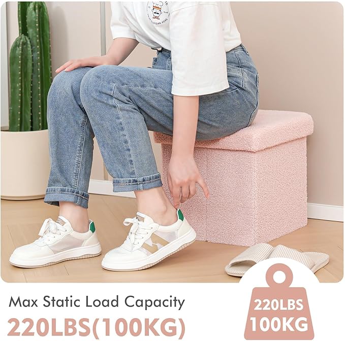 B FSOBEIIALEO Small Storage Ottoman Cube Sherpa Ottomans Foot Rest, Foldable Boucle Ottoman, Faux Teddy Fur, Pink 12.6"x12.6"x12.6"