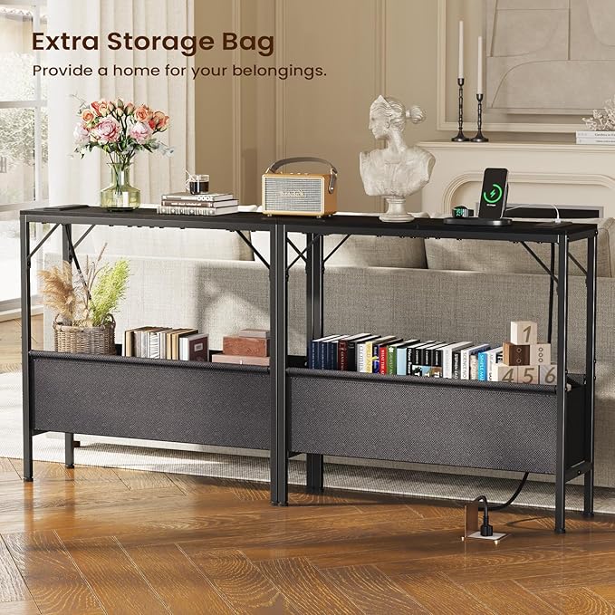 Skinny Console Table with Charging Station and Storage Basket, 31.5'' Couch Table Behind Sofa, Small Entryway Table, Narrow Sofa Table for Hallway, Foyer, Living Room, Black