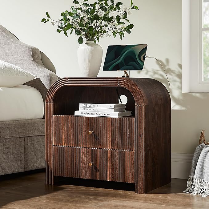 T4TREAM Fluted Nightstand with Charging Station, 24" Large 2 Drawers Bedside Table, Modern End Table with Storage Night Stand for Bedroom, Living Room, Round Curved Corner Design, Dark Walnut