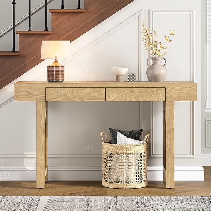 51.9" Narrow Console Table for Entryway, with Storage Drawers, Natural Wood Finish Table Rattan Accent, Stylish Rustic Sofa Table for Living Room and Hallway (Natural Wood)