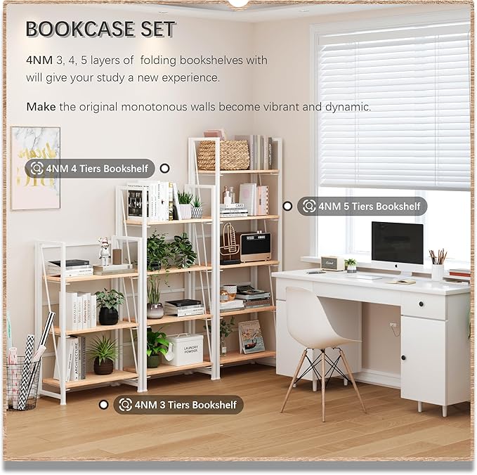 4NM No Assembly Folding Bookshelf, 5-Shelf 62.2" H Collapsible Foldable Bookcase Storage for Small Spaces, Natural White