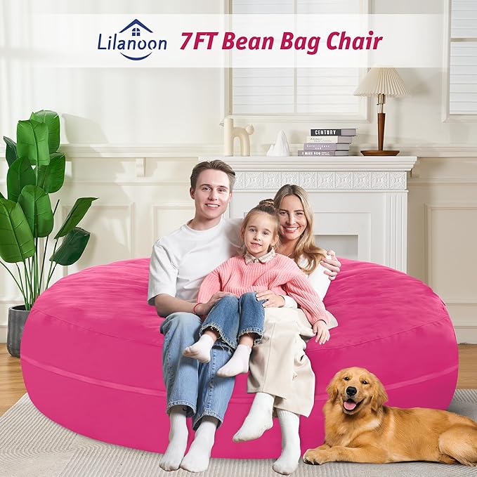 7FT Bean Bag Chair with Ultra Soft Velvet Cover Bean Bag Sofa with Memory Foam Bean Bag Chairs with Large Size Lazy Sofa for Dorm Office Living Room Bedroom Hot Pink 7'