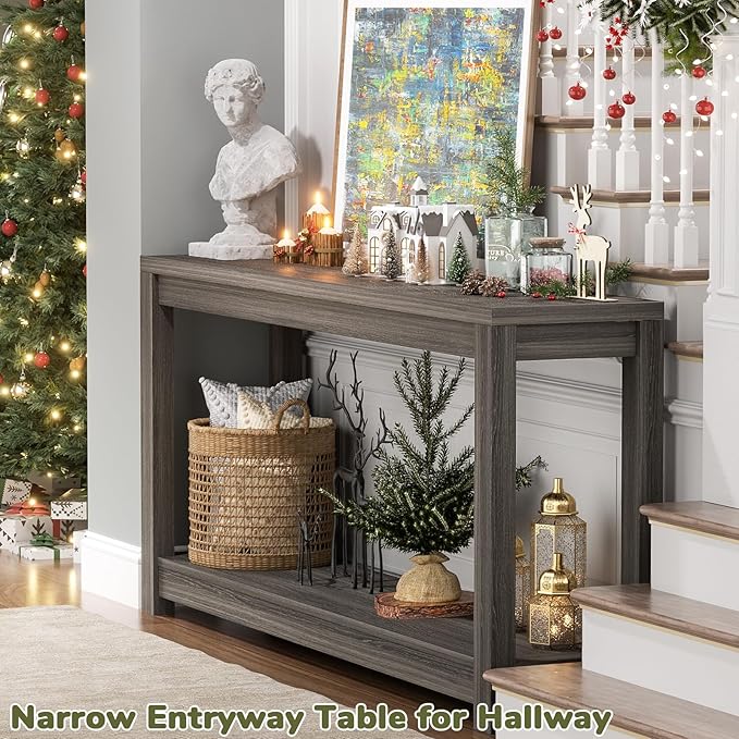 47" Farmhouse Wood Entryway Table Narrow Console Table with Storage Behind Couch Sofa Table with Shelves Entry Way Table with Open Storage, Easy Assembly, Grey Walnut