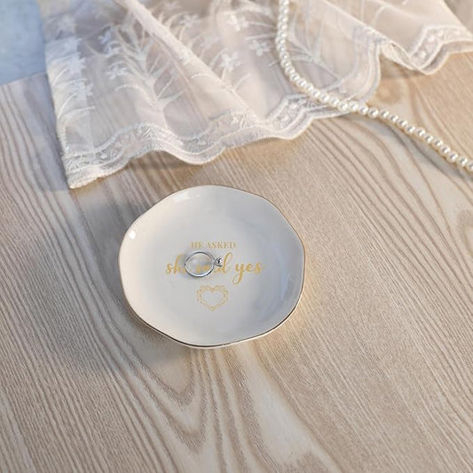 HOME SMILE He Asked and She Said Yes Ring Dish-Wedding Engagement Gifts for Women Bride to Be,Ceramic White