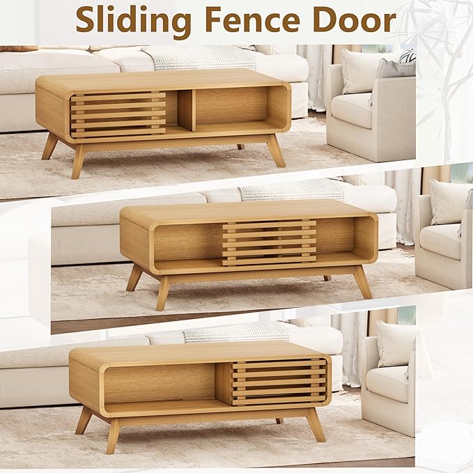 Coffee Table with Storage, Mid Century Modern Wooden Living Room Center Table, Furniture Farmhouse Wooden Coffee Table for Living Room, Oak