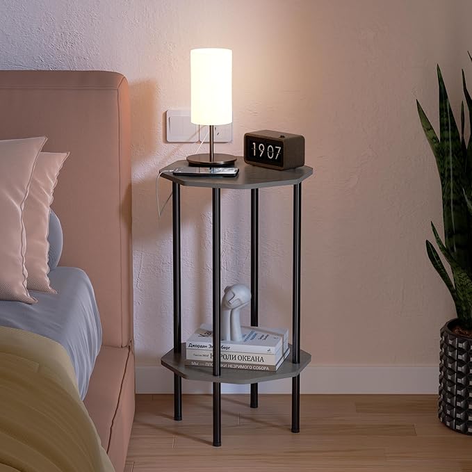 Side Table, Octagonal End Table for Small Spaces, Nightstand with 2 Storage Shelves, Small Table Stand for Bedroom, Living Room, Outdoor Balcony(Gray)