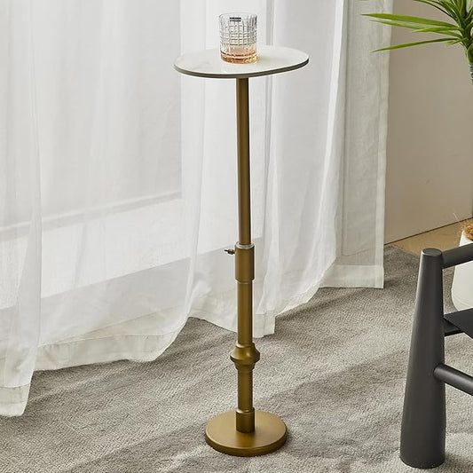 Adjustable-Height Drink Table, Marble Pedestal Side Table, Modern Round End Table, Cocktail Accent Table with Metal Brass Base, Small Side Table for Small Spaces (White)