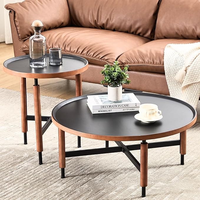HEAH-YO Round Nesting Coffee Table Set of 2, Wood Tray Top Accent Table with Walnut Wrapped Metal Legs, Industrial & Farmhouse End Table for Living Room/Office Reception, Black