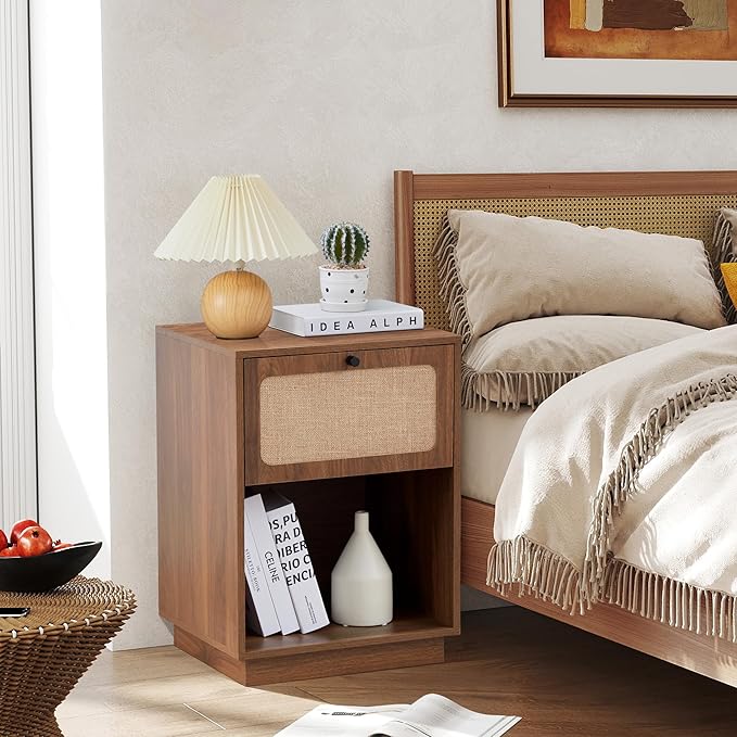 16" Wooden Night Stand with Drawer and Open Shelf, Mid Century Wooden Bed Side Table with Storage, Linen Decor Small End Table for Bedroom, Home Office, Living Room (Walnut)