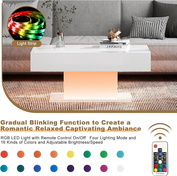 Led Coffee Table for Living Room, Living Room Table Rectangular Center Table, Modern High Glossy Wooden Coffee Tables with 16 Colors LED Lights for Dining Reception Room, White