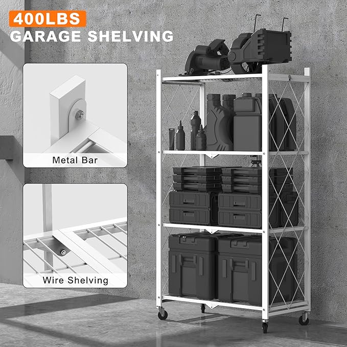 50" H 4 Tier Foldable Storage Shelf with Wheels, Folding Shelving Loads 400 LBS, Metal Steel Garage Shelves, Rolling Standing Utility Rack for Kitchen, Pantry, Office, White