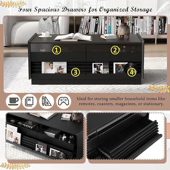 Modern Wooden Coffee Table with 4 Drawers & 2 Open Storage Shelves, 47.2-Inch Rectangular Fluted Accent Tables Center Cocktail Table for Living Room, Black