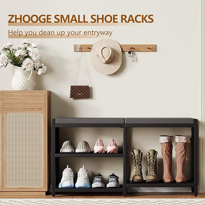 ZHOOGE Shoe Bench & Rack Storage Bench - Entryway Bench with Seat Cushion, Stable Organizer for Entryway & Living Room, Holds Up to 300 lb, (35" L x 12" W x 17" H, Black)