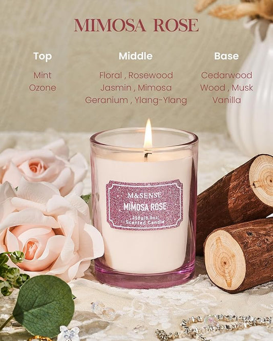 M&SENSE Rose Scented Candles, Classic Size 8.8 oz Glitter Jar Candles, Holiday Candles Gifts for Women, Strong Scented Natural Soy Candle for Winter Home Decor, 50 Hours Long Burning Candles