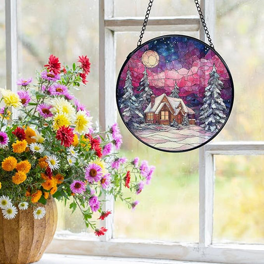 Winter Scene Christmas Suncatchers Stained Glass Window Hanging, Farmhouse Winter Landscape Sun Catchers Indoor Window Glass Round Wall Decor, Christmas Wall Hanging Decorations, 7.9x7.9in