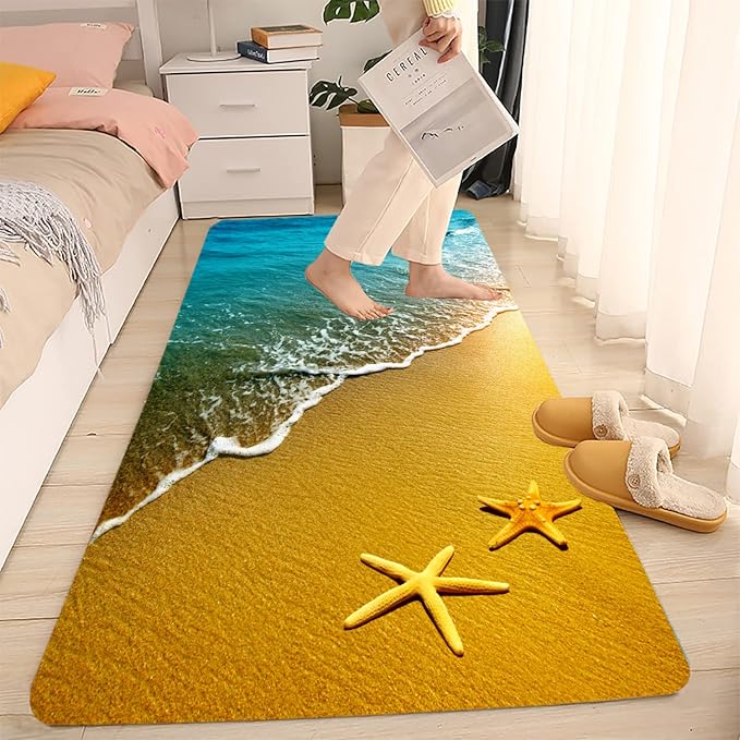 Bath Rugs Sponge Foam Absorbent Soft for Bathroom and Kitchen (24x71 inches), Flannel Mat Non Slip Bright 3D Print for Bedside and Living Room(Starfish Beach)