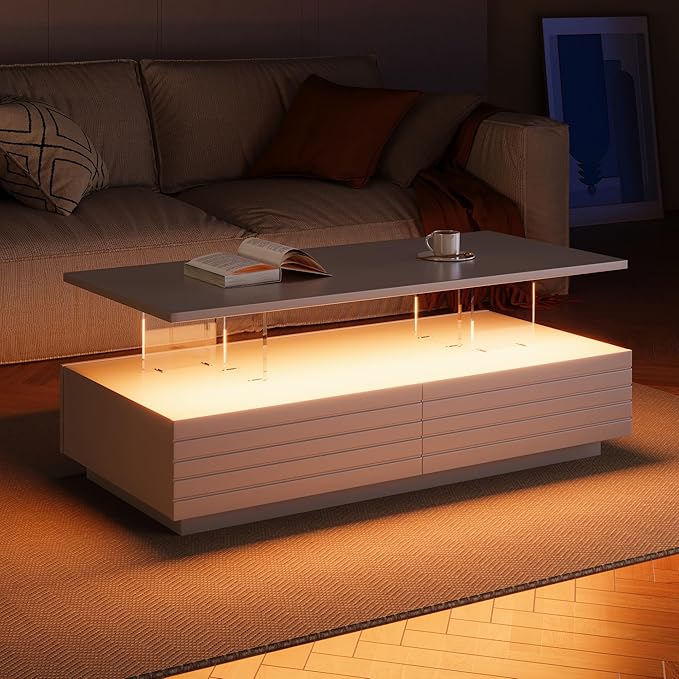 LED Coffee Table with 2 Large Drawers, 47.2" Multi-Color Adjustable Lighting & Ample Storage for Magazines for Living Room, Modern Rectangular Sturdy Engineered Wood Tea Table for Furniture, White