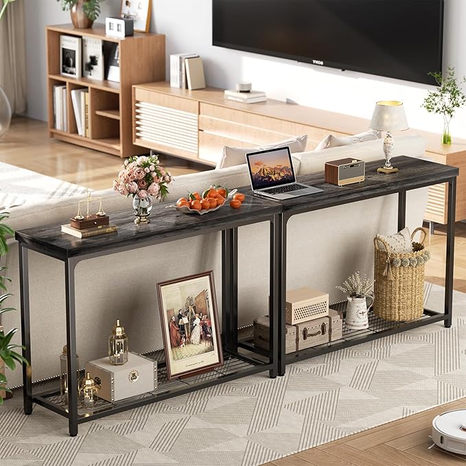 Console Table, Entryway Table, Sofa Table with Mesh Shelves, Console Tables for Living Room, Bedroom, Hallway, Entryway, Foyer (2 Tier, Oak Grey, 47 inch)