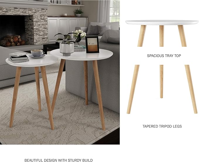 Nesting Side Tables - Set of 2 Round End Tables for Living Room, Bedroom, or Home Office - Accent Table Set - Mid-Century Modern Living Room Furniture by Lavish Home (White/Natural)