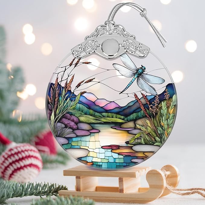 Christmas Stained Glass Dragonfly Ornament - Home Decor - Holiday Present Ideas - Gift Exchange - Fluttering Dragonfly