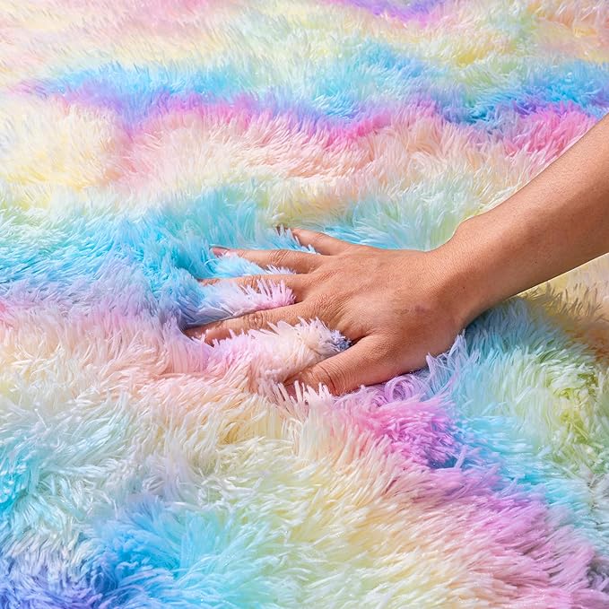 Rainbow Rug for Living Room, 8x10 Area Rug for Cute Girls Room, Bedside Indoor Floor Fluffy Shag Carpet, Plush Soft Rug for Bedroom Nursery Dorm Home Decor
