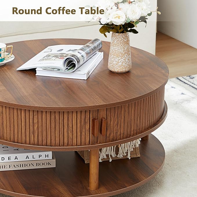 31.5” Round Coffee Table with Storage, Mid Century Modern 2 Tier Coffee Table with Tambour Sliding Door, Solid Wood Legs Fluted Center Table for Living Room Home Office Small Space, Walnut